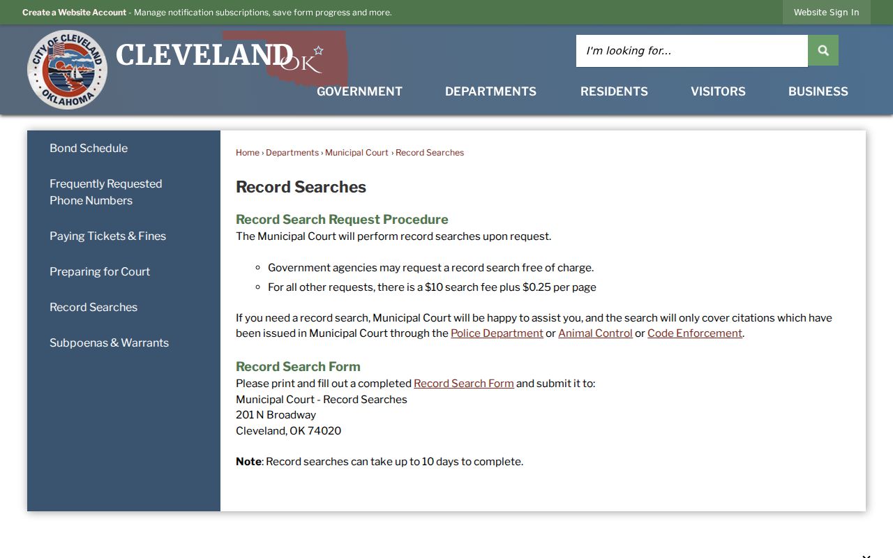 Pawnee County municipal warrant records Cleveland record search fee