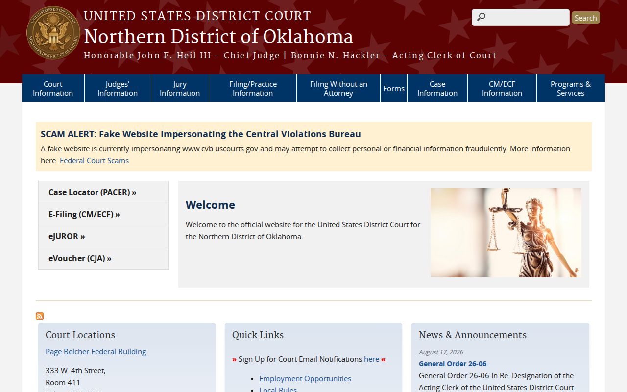 Pawnee County arrest warrant records Northern Oklahoma federal courthouse