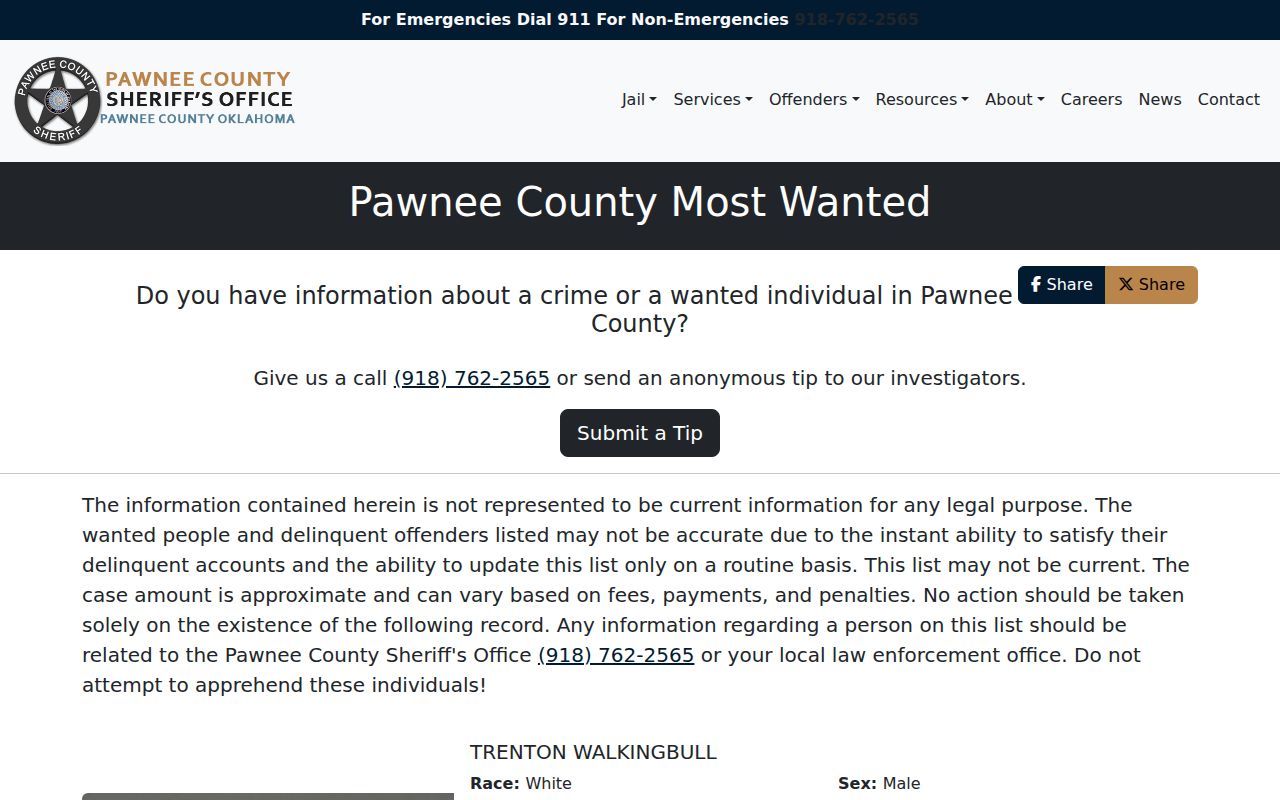 Pawnee County warrant records Most Wanted program interface